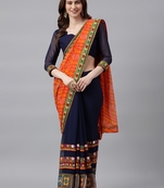 Dark royal blue embroidered georgette saree with blouse
