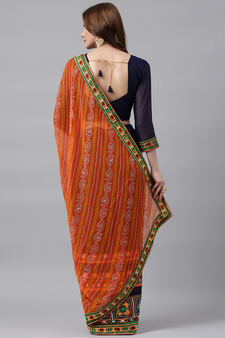 Dark royal blue embroidered georgette saree with blouse
