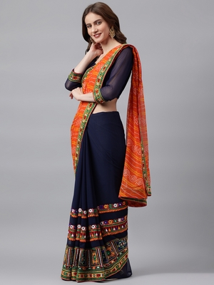 Dark royal blue embroidered georgette saree with blouse 3