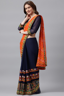 Dark royal blue embroidered georgette saree with blouse