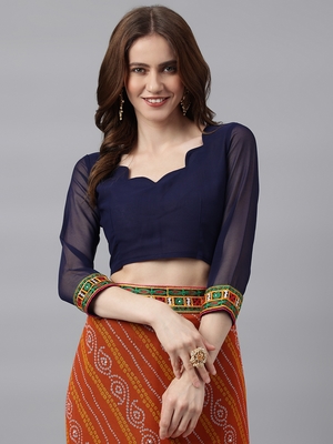 Dark royal blue embroidered georgette saree with blouse 5