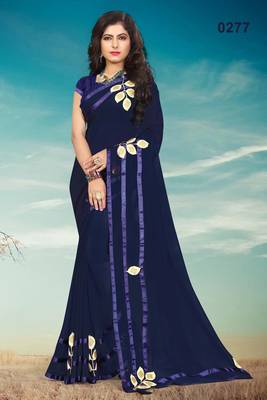 Dark royal blue embroidered georgette saree with blouse 1