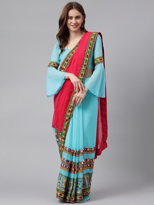 Sky blue embroidered georgette saree with blouse 1