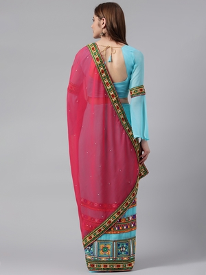 Sky blue embroidered georgette saree with blouse 2