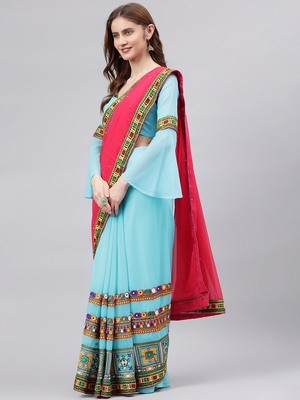 Sky blue embroidered georgette saree with blouse 3