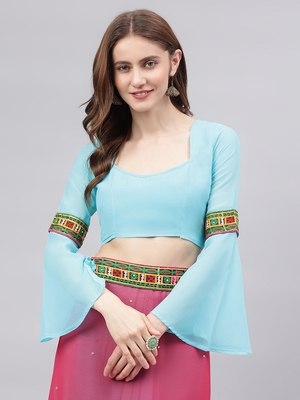 Sky blue embroidered georgette saree with blouse 5