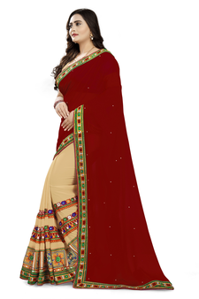 Cream embroidered georgette saree with blouse