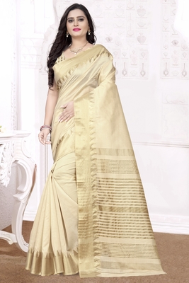Cream printed art silk saree with blouse 1