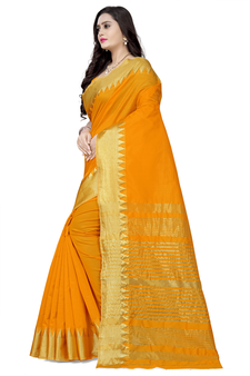Yellow printed art silk saree with blouse
