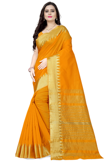 Yellow printed art silk saree with blouse