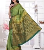 Green hand woven banarasi cotton saree with blouse