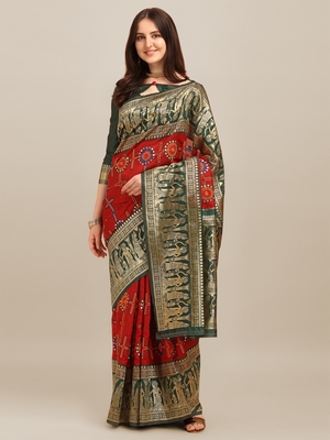 Red embroidered banarasi cotton saree with blouse 1