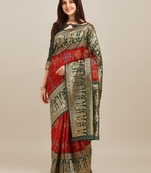 Red embroidered banarasi cotton saree with blouse