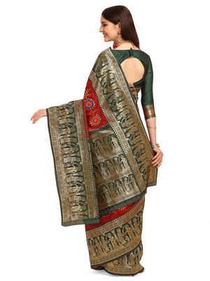 Red embroidered banarasi cotton saree with blouse 2
