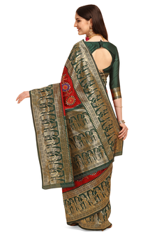 Red embroidered banarasi cotton saree with blouse