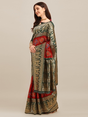 Red embroidered banarasi cotton saree with blouse 3