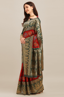 Red embroidered banarasi cotton saree with blouse