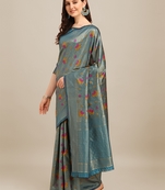 Blue printed banarasi cotton saree with blouse