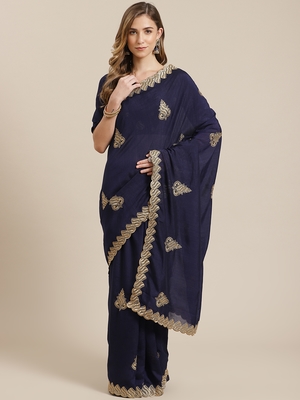 Blue embroidered georgette saree with blouse 1