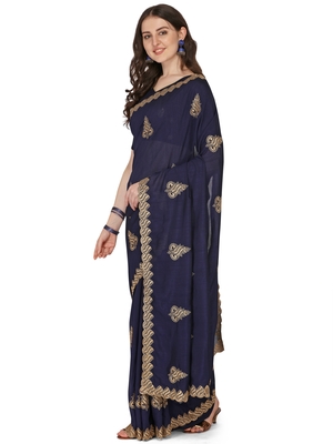 Blue embroidered georgette saree with blouse 3