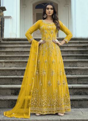Yellow Soft Net anarkali salwar kameez 1