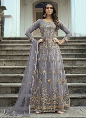 Grey Soft Net anarkali salwar kameez 1