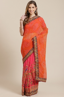 Pink embroidered georgette saree with blouse