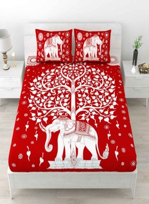 Jaipuri Red Color Elephnat Print 100% Cotton Double Bedsheet 1