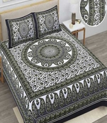 Jaipuri Olive Green Color Printed 100% Cotton Double Bedsheet