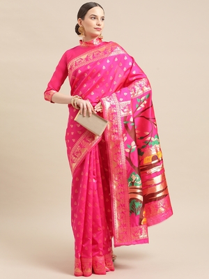 Pink printed banarasi cotton saree with blouse 1