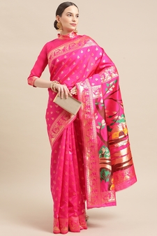 Pink printed banarasi cotton saree with blouse