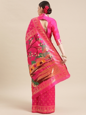 Pink printed banarasi cotton saree with blouse 2