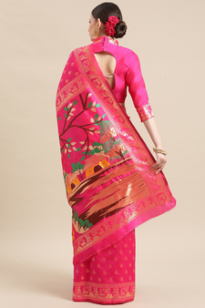 Pink printed banarasi cotton saree with blouse