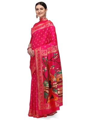 Pink printed banarasi cotton saree with blouse 3