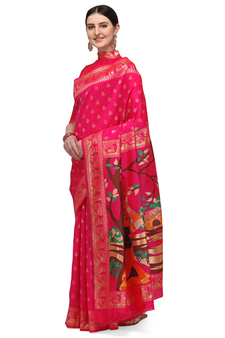Pink printed banarasi cotton saree with blouse