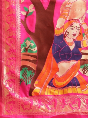 Pink printed banarasi cotton saree with blouse 4
