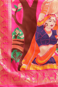 Pink printed banarasi cotton saree with blouse