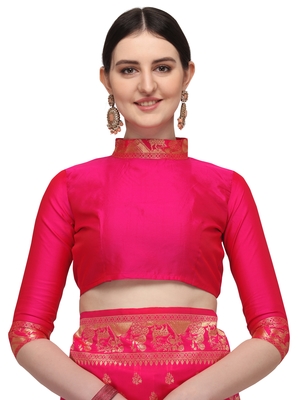 Pink printed banarasi cotton saree with blouse 5