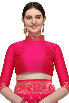 Pink printed banarasi cotton saree with blouse