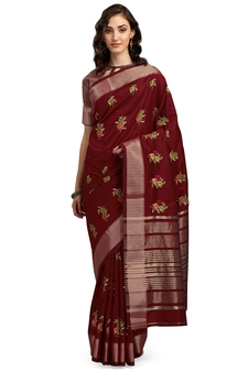 Maroon embroidered cotton silk saree with blouse