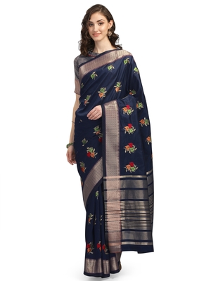 Blue embroidered cotton silk saree with blouse 1