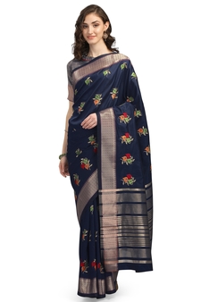 Blue embroidered cotton silk saree with blouse