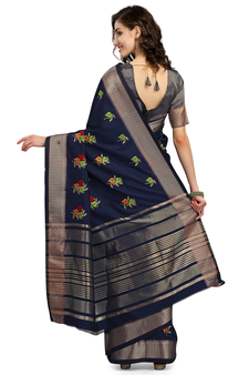 Blue embroidered cotton silk saree with blouse