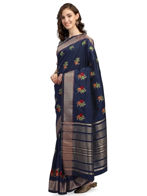 Blue embroidered cotton silk saree with blouse 3