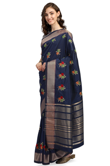 Blue embroidered cotton silk saree with blouse