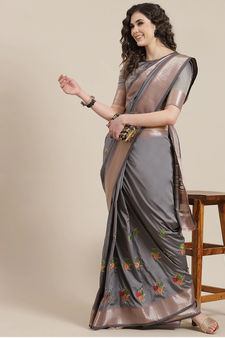Grey embroidered cotton silk saree with blouse