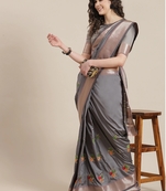 Grey embroidered cotton silk saree with blouse