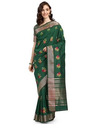 Green embroidered cotton silk saree with blouse 1