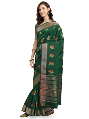 Green embroidered cotton silk saree with blouse 3