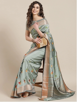 Light blue embroidered cotton silk saree with blouse 1